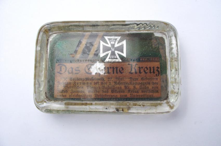 Named WW1 Iron Cross Souvenir Glass Paperweight.