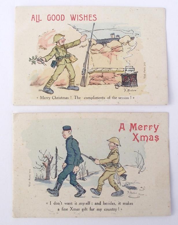 2 X British WW1 Cartoon Trench Xmas Cards.