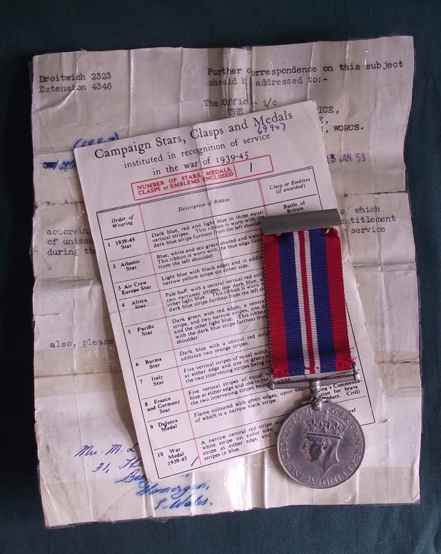  Ladies WW2 British War Medal and Documents, Barry Island.