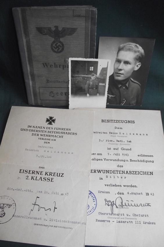 Wehrpass and Award Certs , Pioneer, 57th Infantry Division, Wounded Kursk 1943.