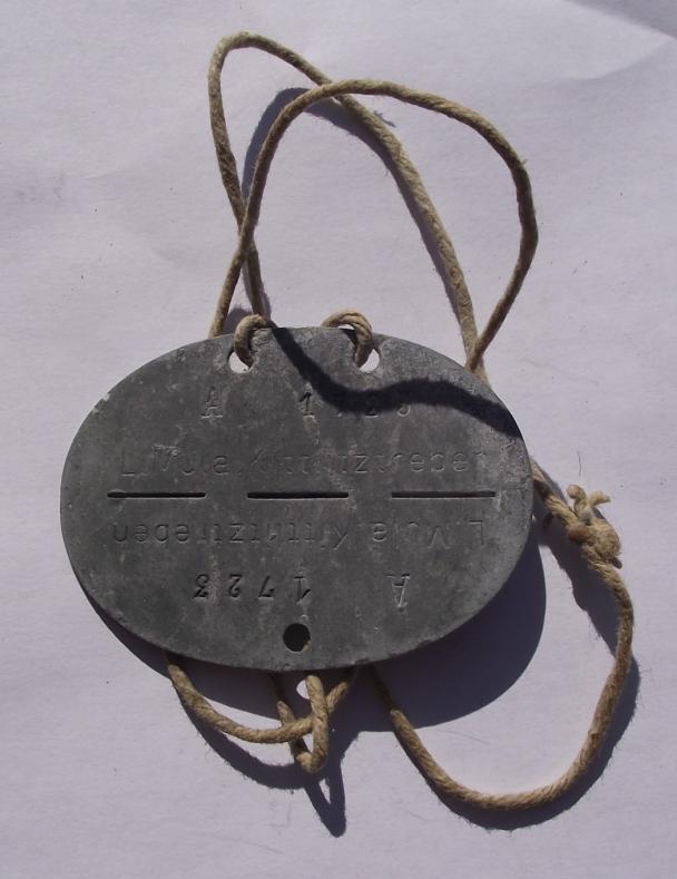 WW2 German Luftwaffe Ammo Depot Dog Tag, A-1723-L.Mula-Kittlitztreben.