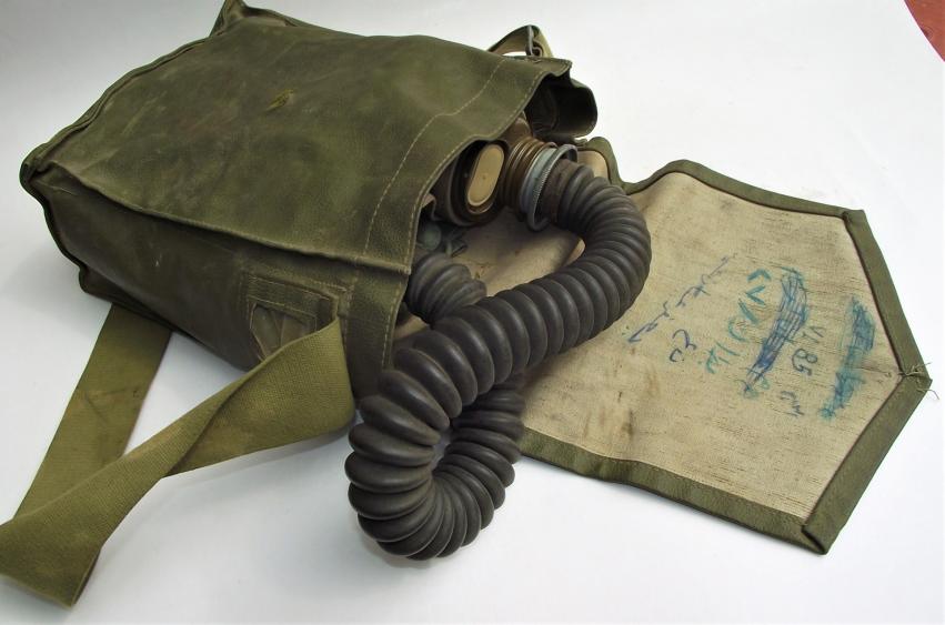 Complete Iraqi Gasmask, Bag and Chemical Gloves, Named.