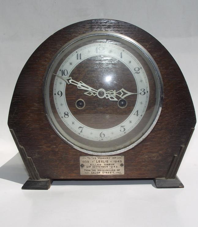 1939/45 Tobruk KIA Memorial Mantel Clock, Salop Street, Cardiff.