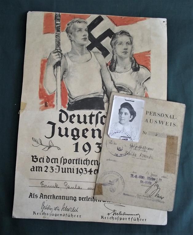 1934 BDM Sports Certificate and  Luftwaffe Helferin Ausweis.