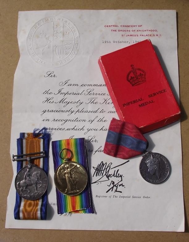 WW1 Medal Pair and Boxed Imperial Service Medal with Cert,1945.