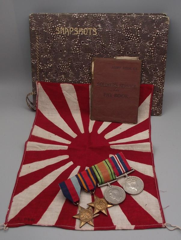 Burma Medal Group, Photo Album and Japanese Flag.
