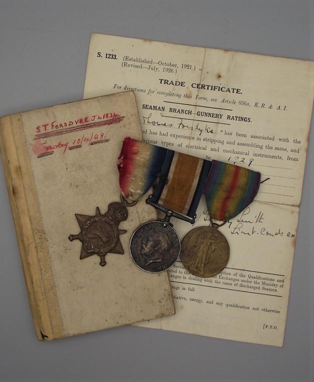 WW1 RN Medal Trio, Boy Class 1 and Trade Cert with Diary.