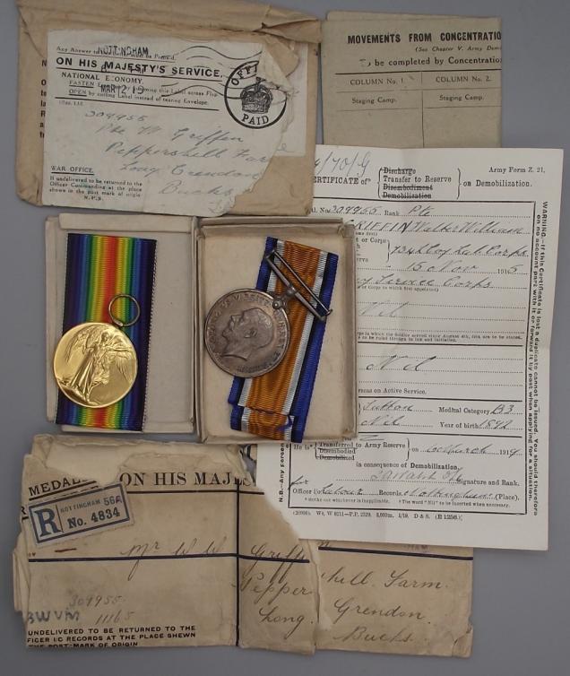 WW1 Boxed Pair, ASC/734 Labour Corps with Envelope and Cert of Transfer.