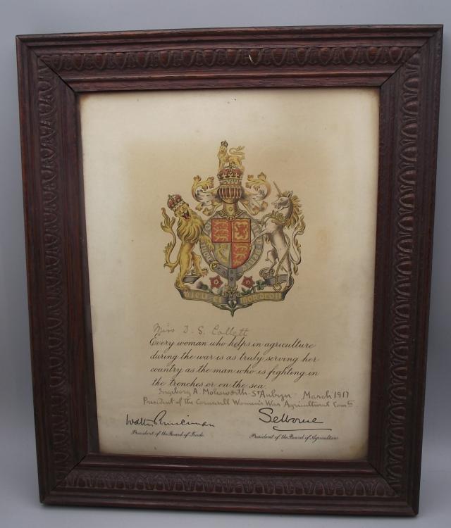 Framed 1917 Cornwall Womens War Agricultural Certificate. Cardiff Lady.