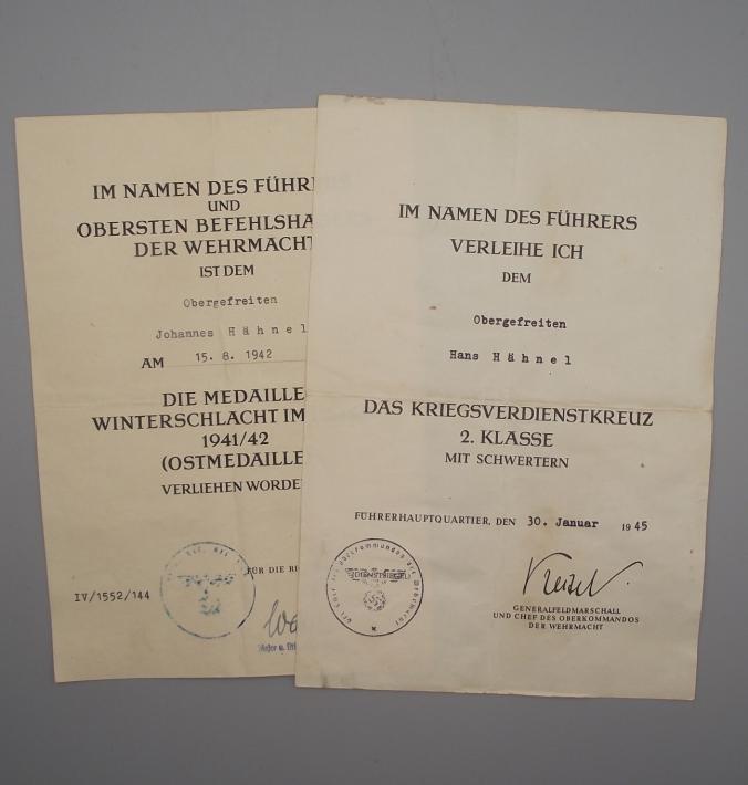 Two WW2 German Army Award Certificate's. 2nd Class KVK and Winter War Medal.