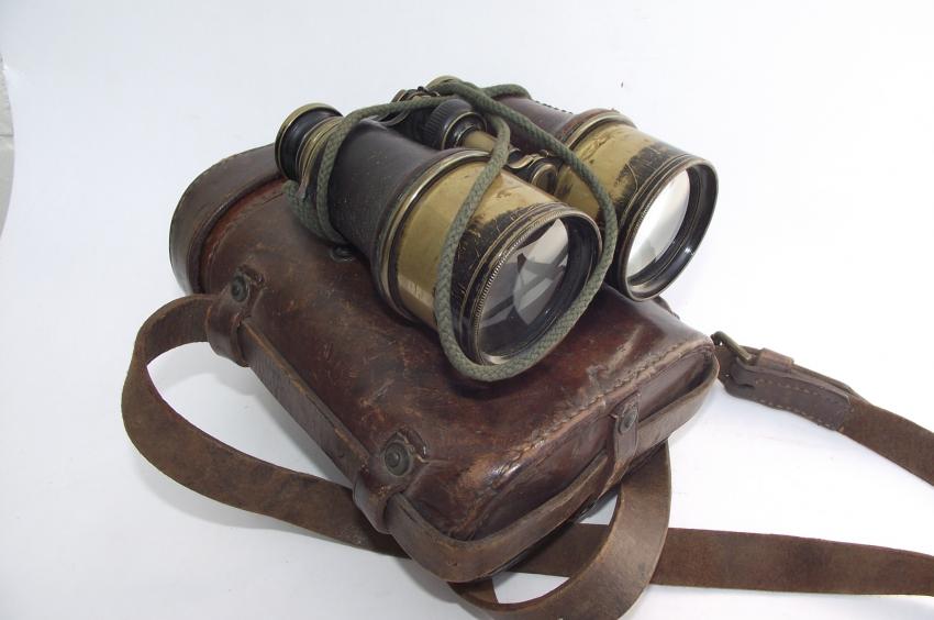WW1 British Binoculars and Leather Carry Case with Strap.