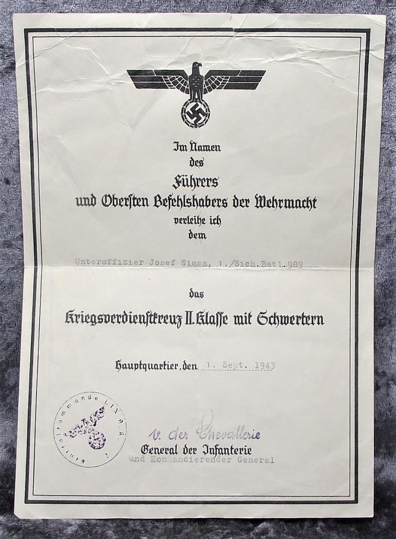 2nd Class KVK with Swords Award Document, Security Battalion 989.
