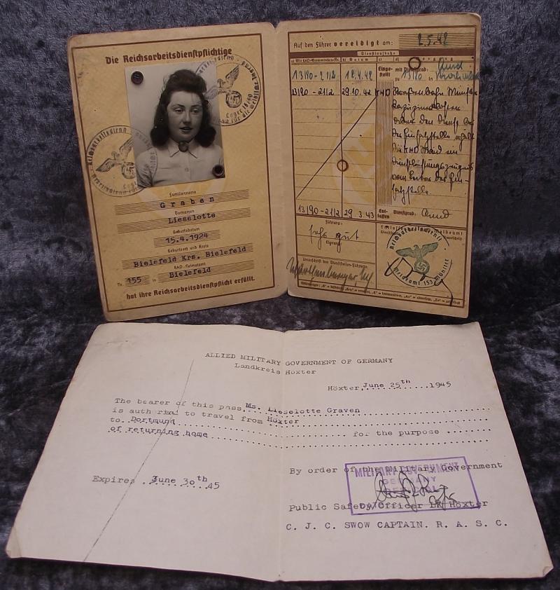 Female Youth RAD Pass Book, Jugend Reichsarbeitsdienst Pass