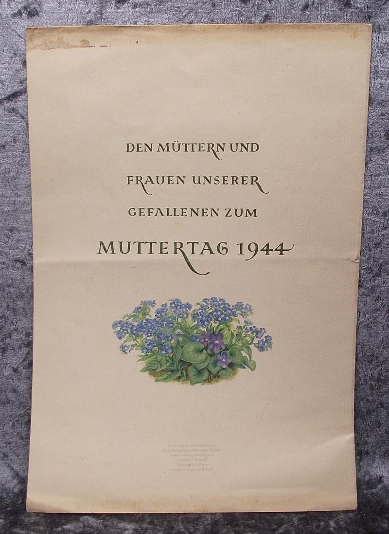1944 Dated German Mothers Day Certificate for the Dead.