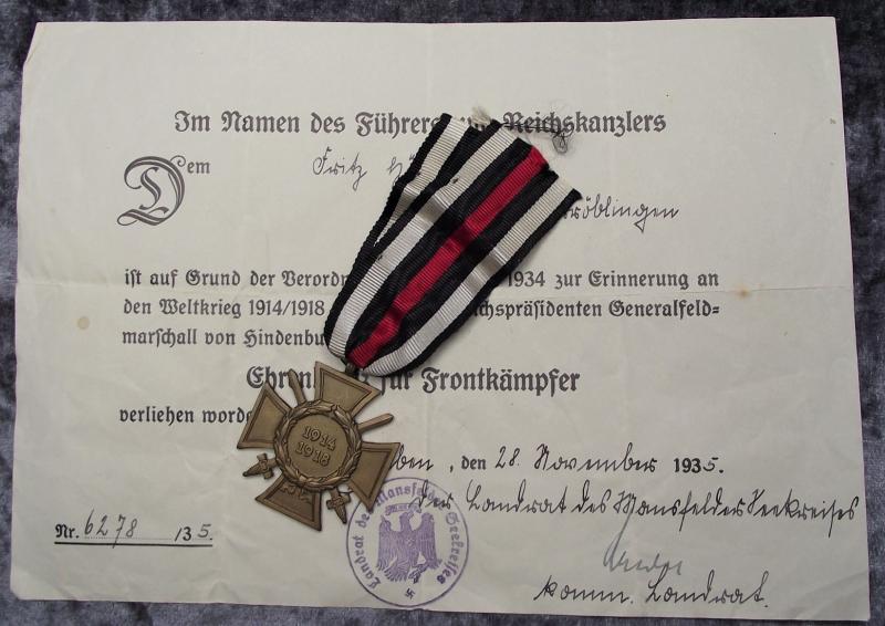 Hindenburg Cross and Award Certificate.