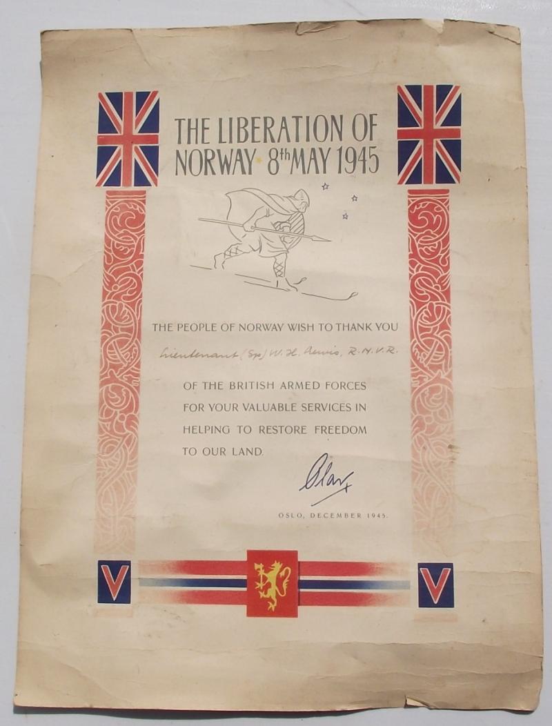 British 1945 Dated Liberation of Norway Certificate.