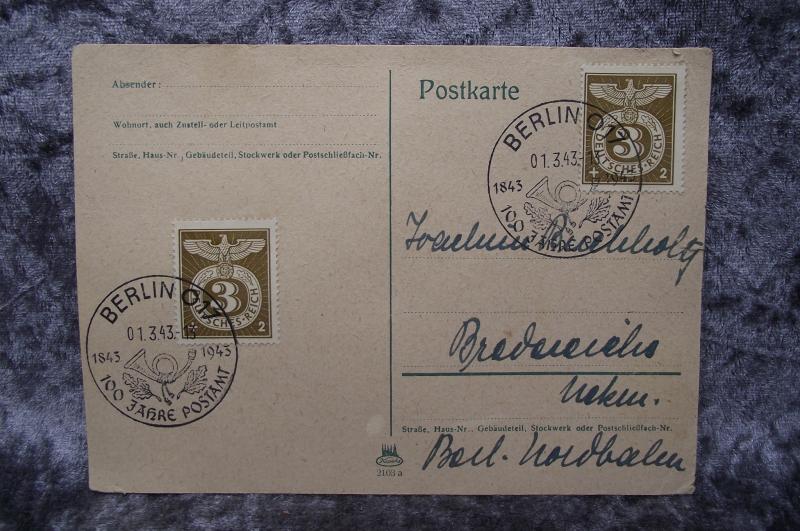 1943 Dated 100 Jahre Postampt Stamped and Cancellation Marked Envelope.