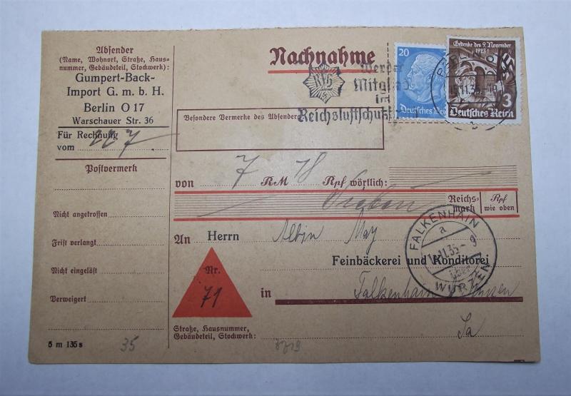 1935 Reichsluftschutzbund Stamped and Cancellation Marked Envelope.