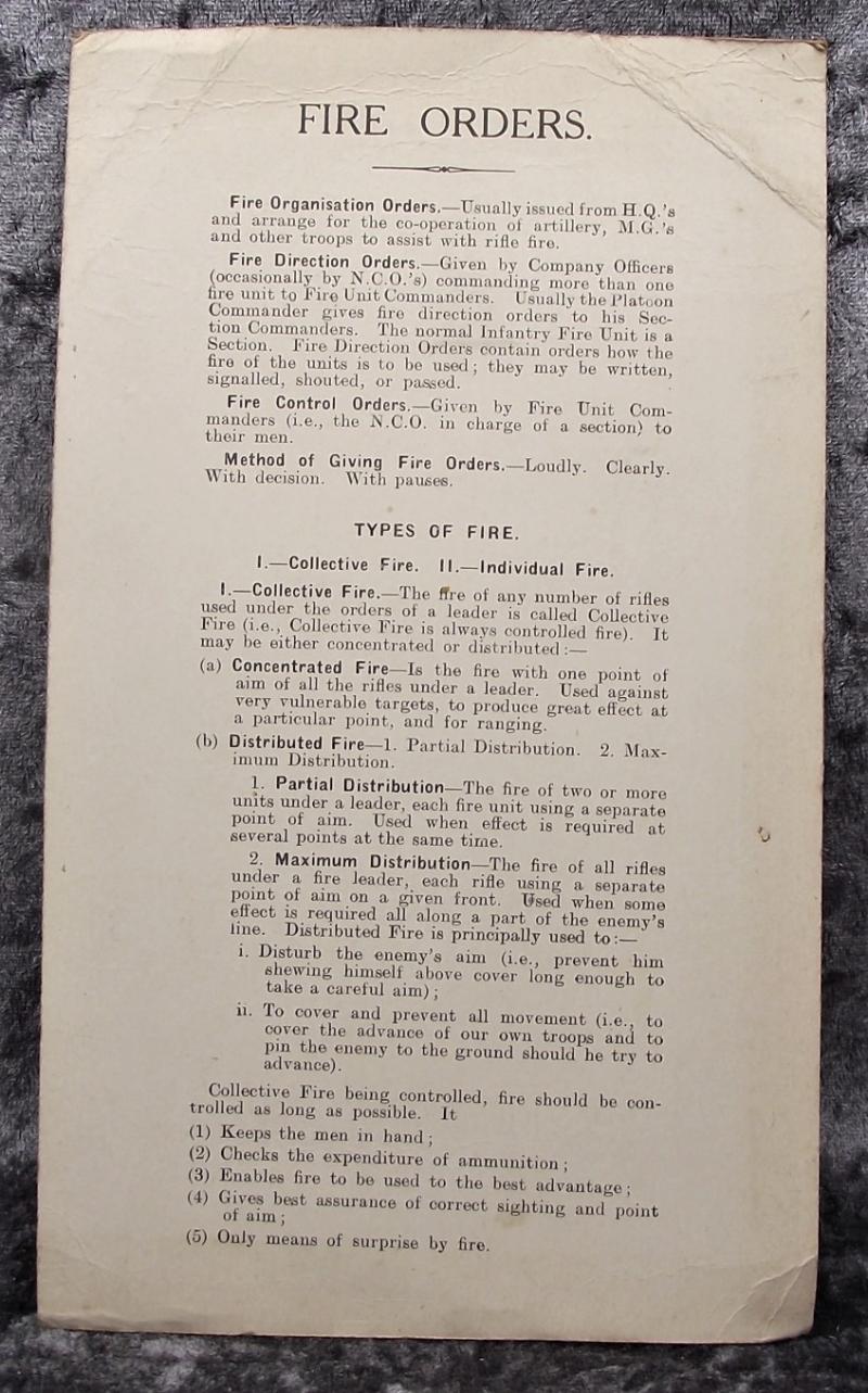 WW1 British Military Manual. Fire Orders, 7th Officers Cadet Battalion, Co.Cork.