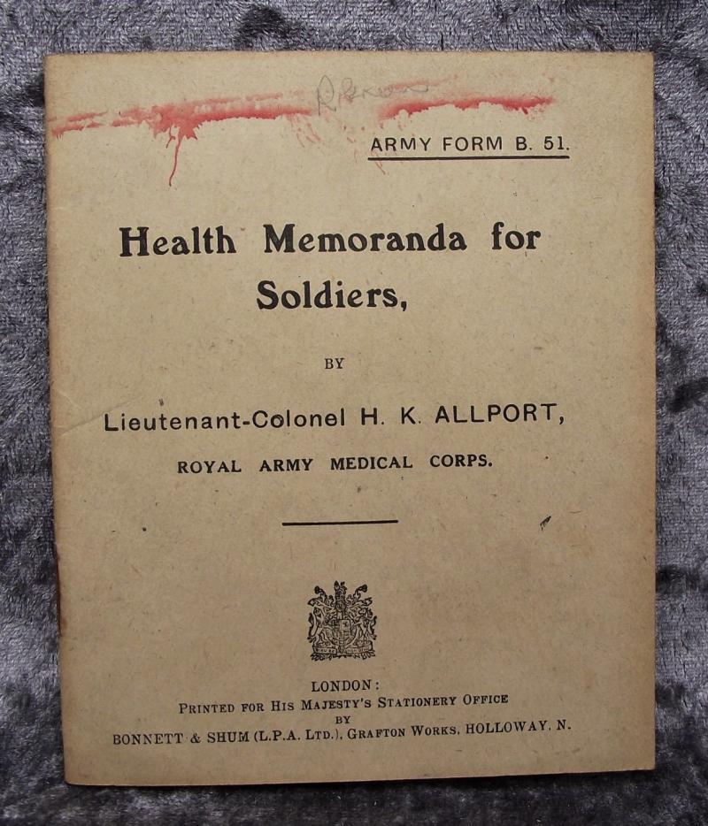 WW1 British Military Manual. 1914, Health Memoranda For Soldiers.