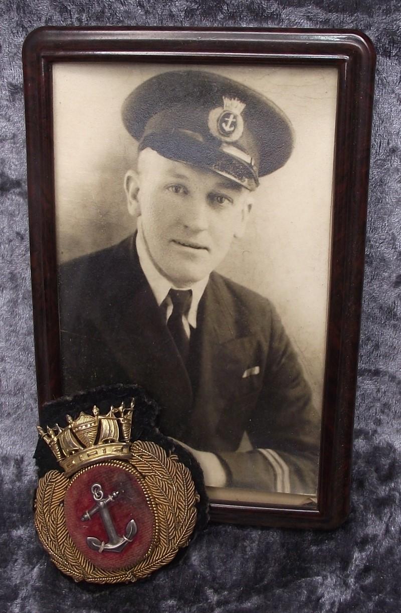 WW2 Framed Merchant Navy Petty Officer and Cap Badge.