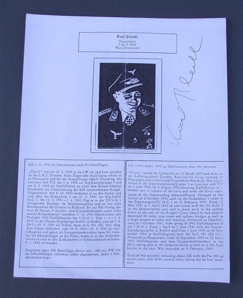 Luftwaffe Knights Cross Autograph. Karl Bleckl.