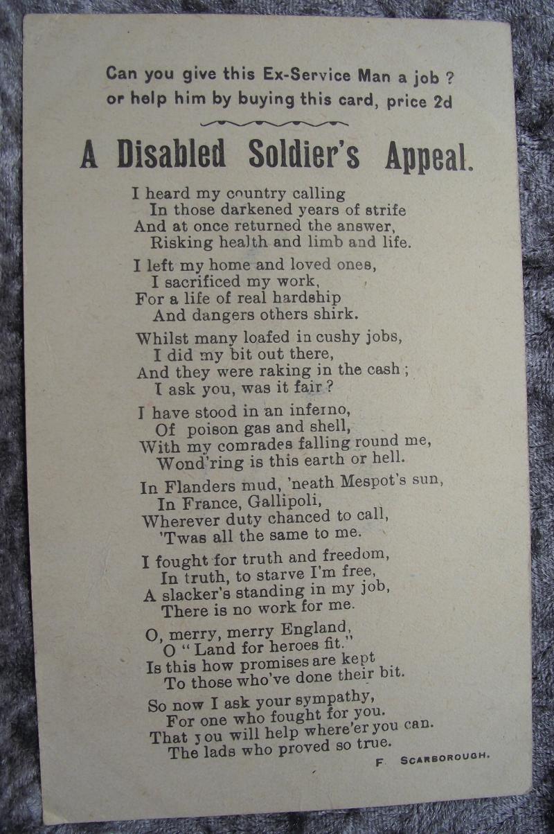 WW1 British Post Card. Disabled Soldiers Appeal.