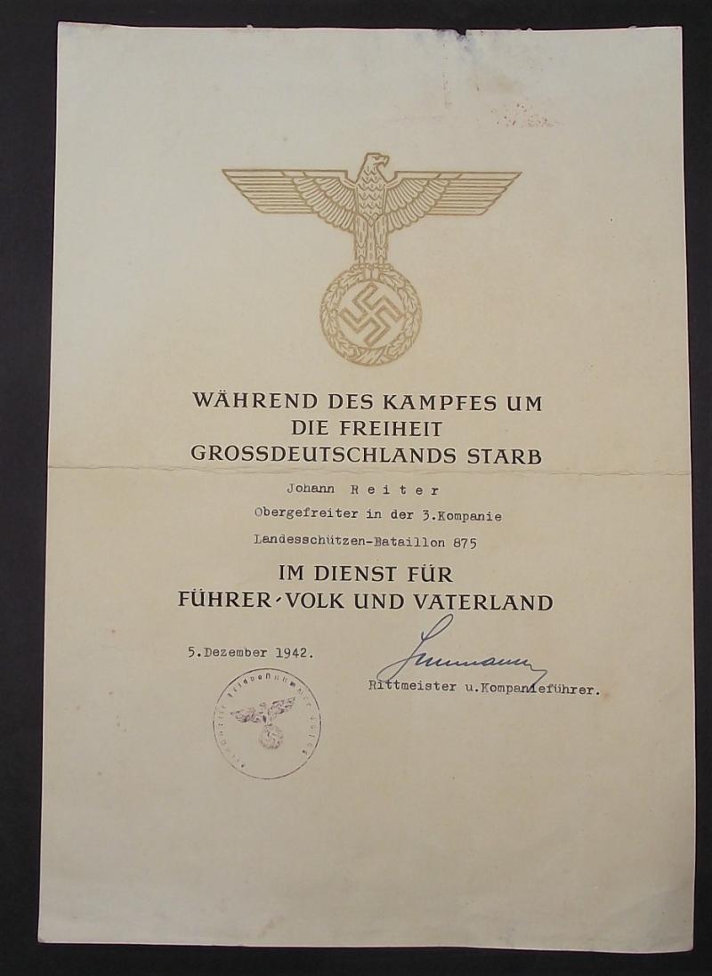 WW2 German Heldentod KIA Document. 1942.