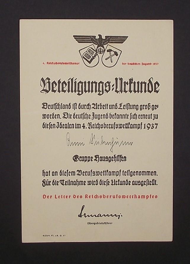 1937 Dated Hitler Youth Reichssportwettkampf Certificate.