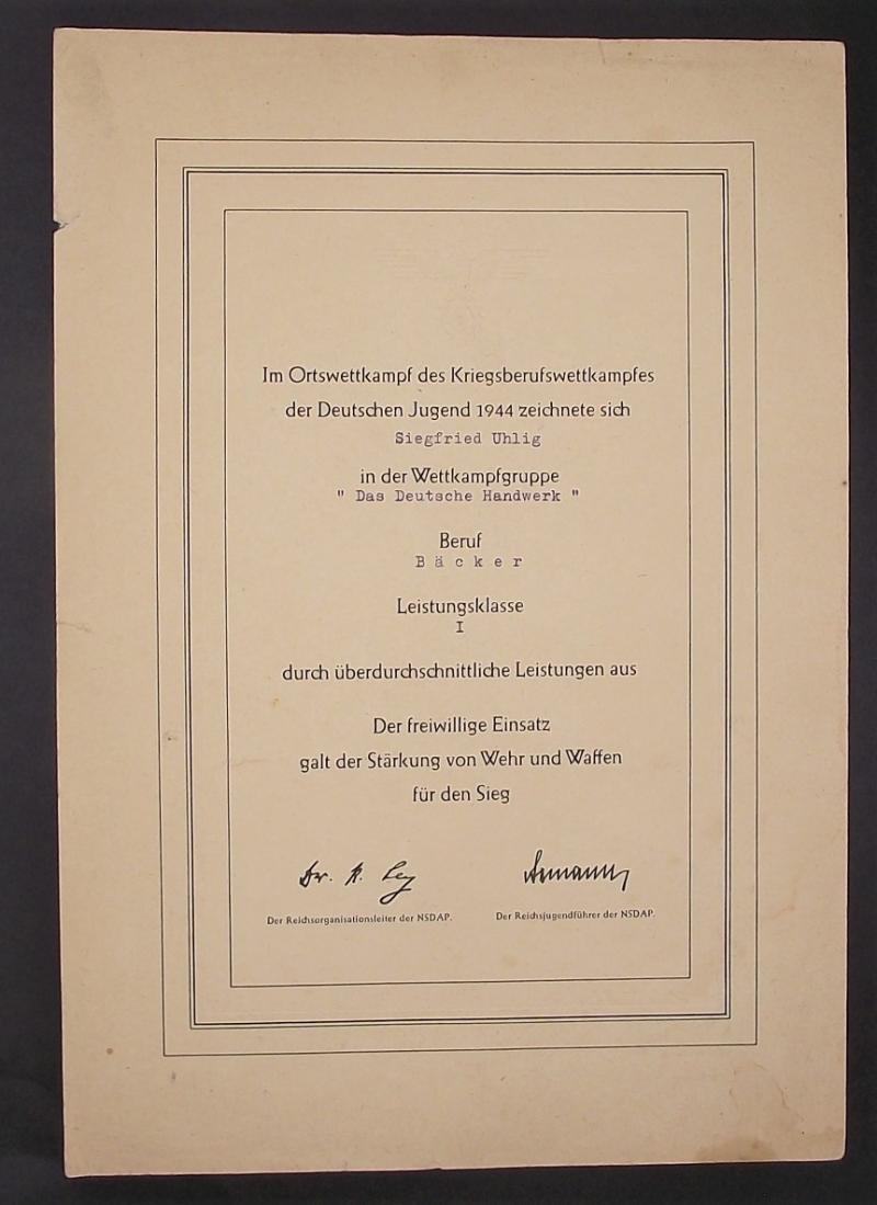 1944 Dated Hitler Youth Kriegsberufswettkampfes Certificate.