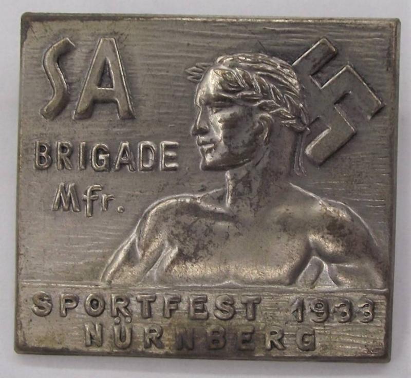 SA Event Badge/ Tinnie. SA-Brigade Mfr, Nurnberg Sportsfest, 1933.