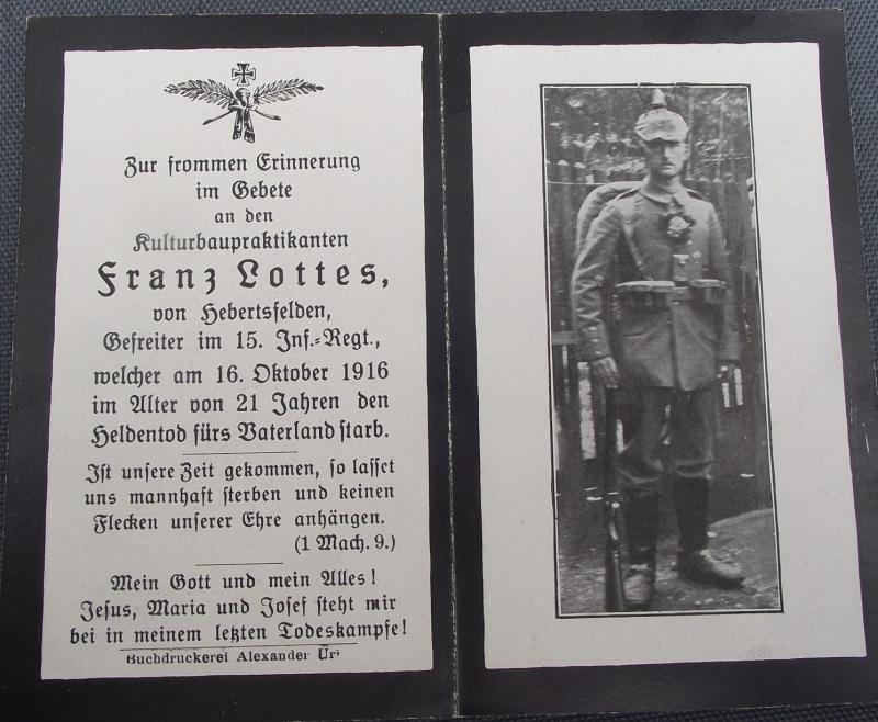 WW1 German Death Card, Inf-Reg 15, 1916.