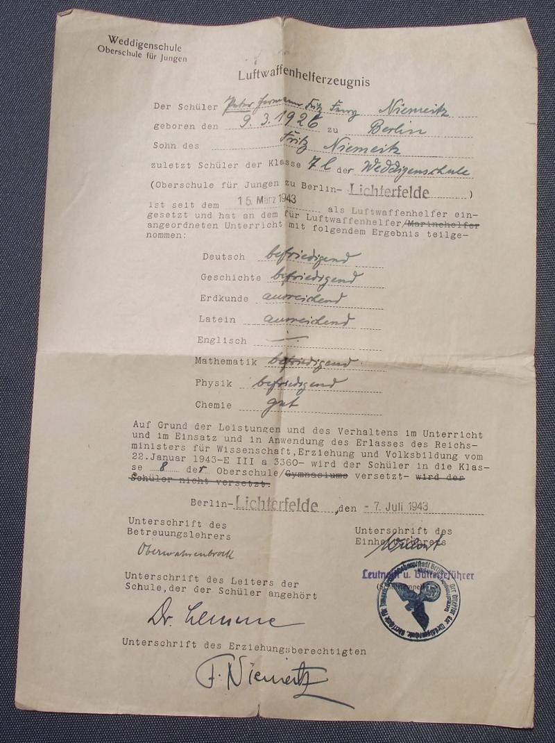 HJ Luftwaffenhelfer Education Certificate.