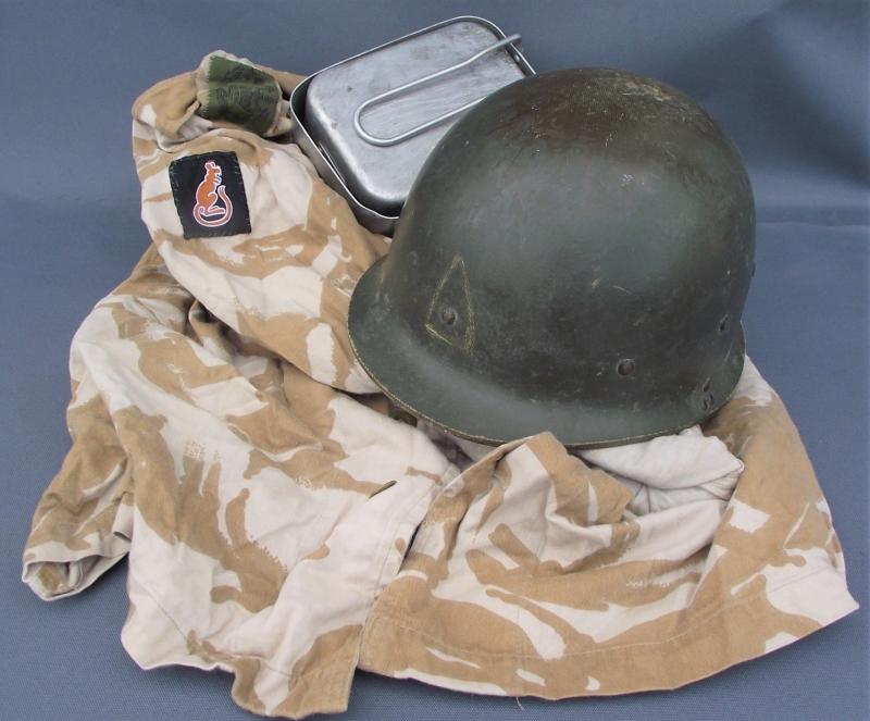 Iraqi Helmet, 7th Armoured Camo Shirt and Mess Tin. McCarthy, MP, Operation Granby. Desert Storm