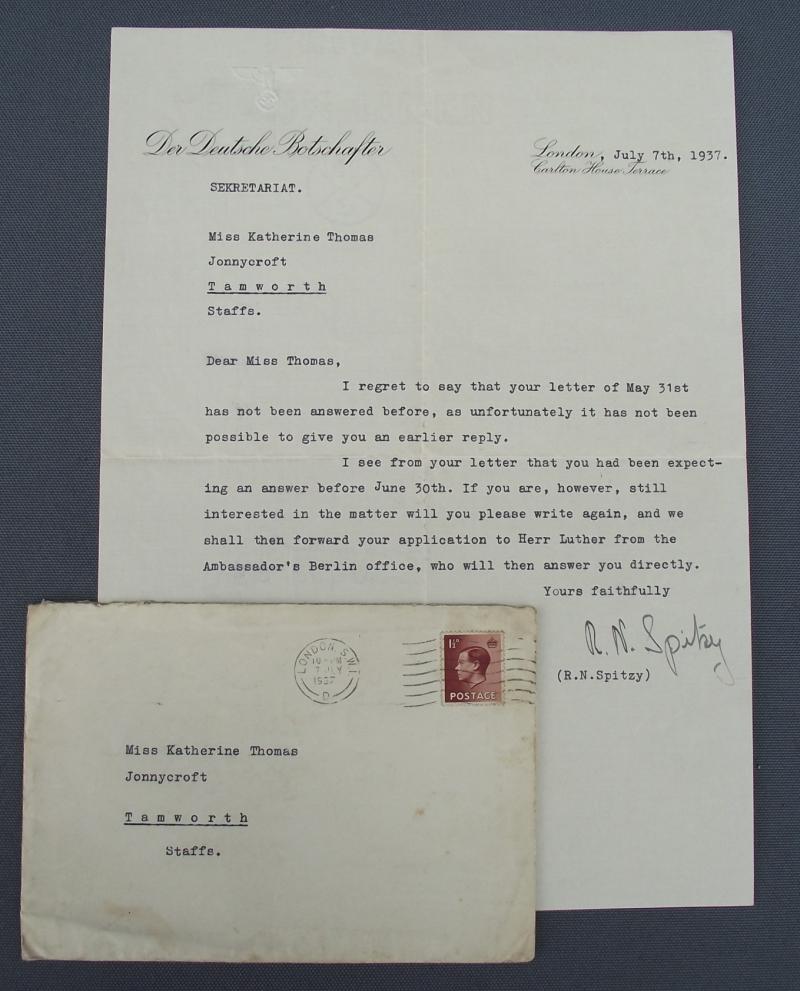 German Embassy Letter, 1937.