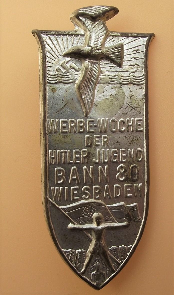 Hitler Youth Tinne/ Event Badge. Bann 80, Wiesbaden. Silver.