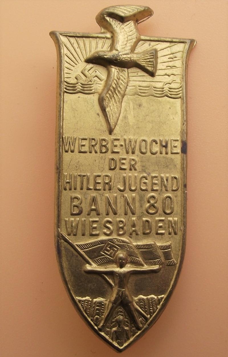 Hitler Youth Tinne/ Event Badge. Bann 80, Wiesbaden. Gold.