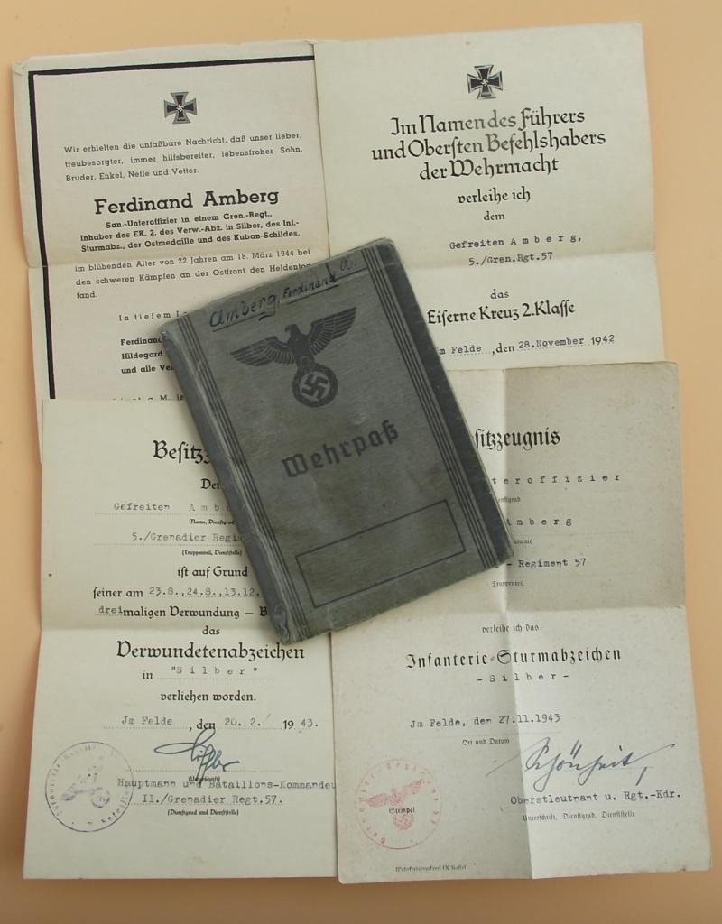 Wehrpass and Award Certificates, Grenadier Regiment 57, KIA Russian Front.