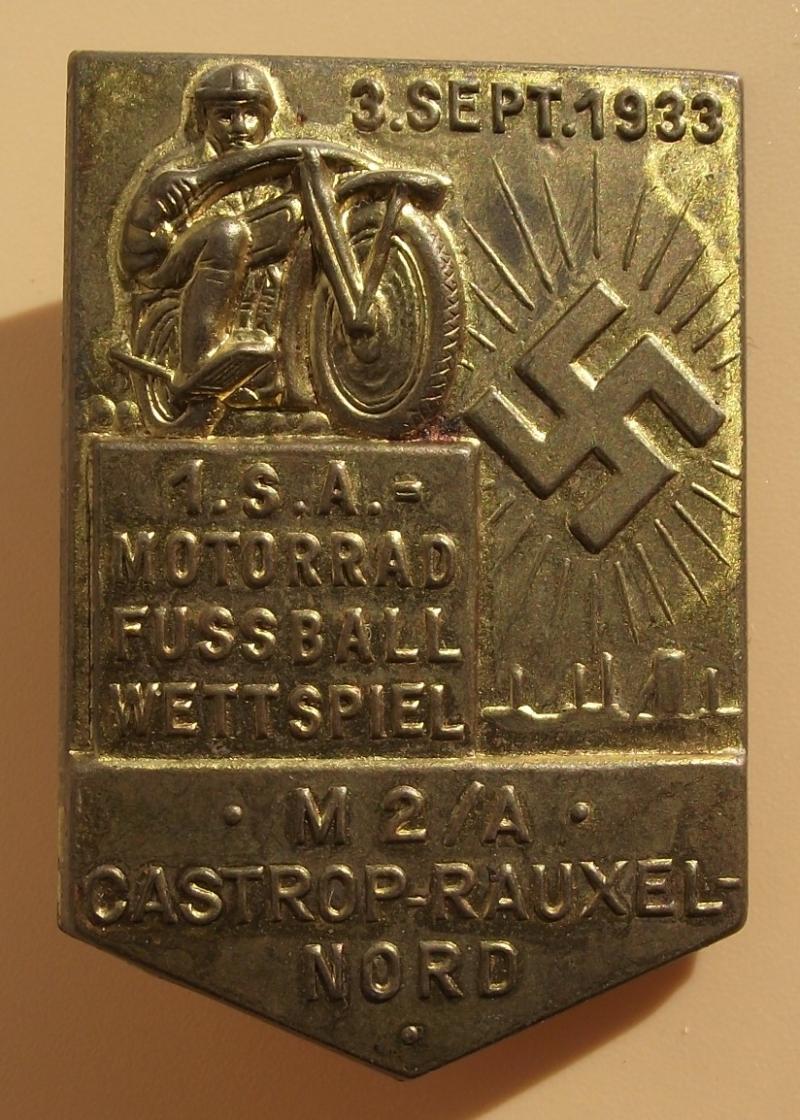 SA Event Badge/Tinnie. 1 SA-Motorrad Fussball Wettspiel.1933.