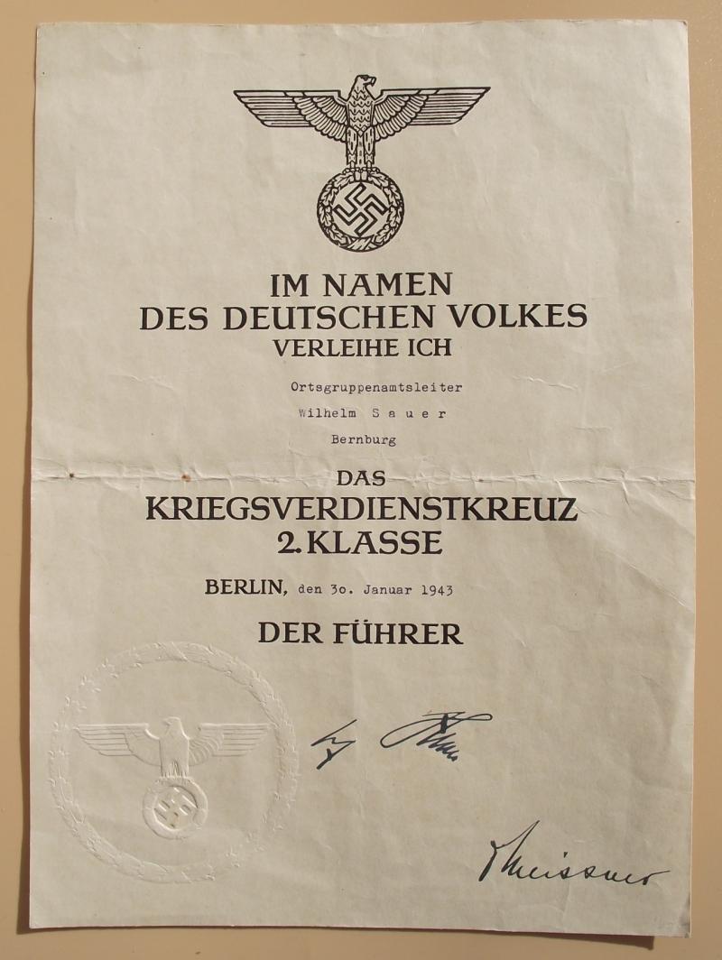 Political KVK 2nd Class Award Certificate, Ortsgruppenamtsleiter. 1943.