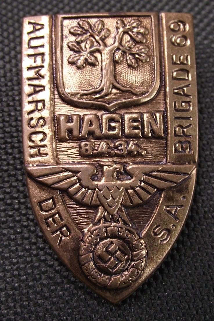 SA Event Badge/Tinnie. Aufmarsh Brigade 66, Hagen,1934.