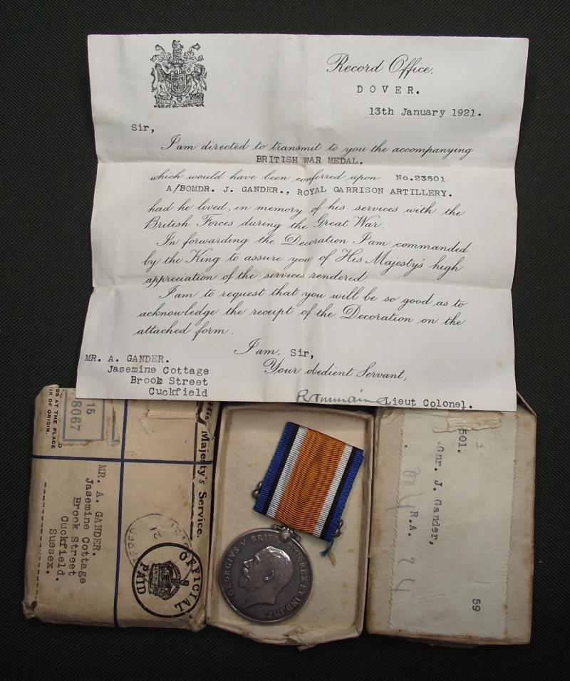 WW1 RGA Boxed British War Medal. Death in India. 1915. Only Entitlement.