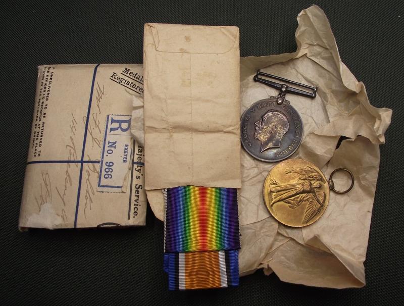 WW1 British Medal Pair and Postal Envelope. Sgt Dolton-Devon Regiment.