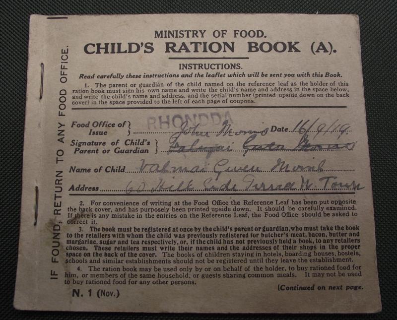 WW1 British Ration Book. Rhondda, 1919.