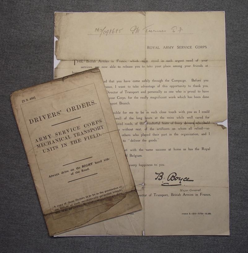 WW1 ASC Mechanical Transport Units Drivers Orders and Letter of Thanks for Service Served.