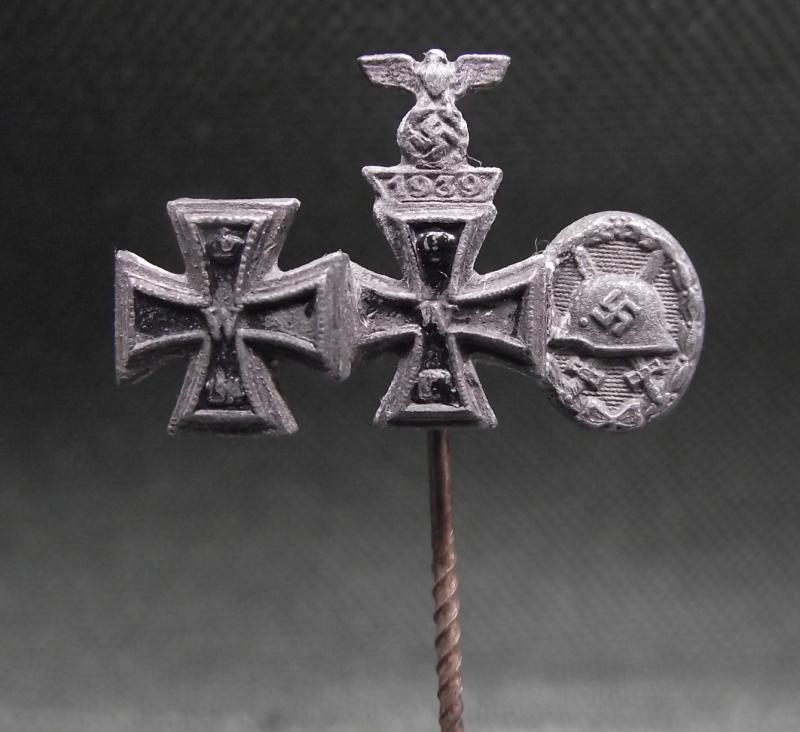 WW2 German Stick Pin. 1914 Iron Cross 2nd Class and 2nd Class Spange, 1939.