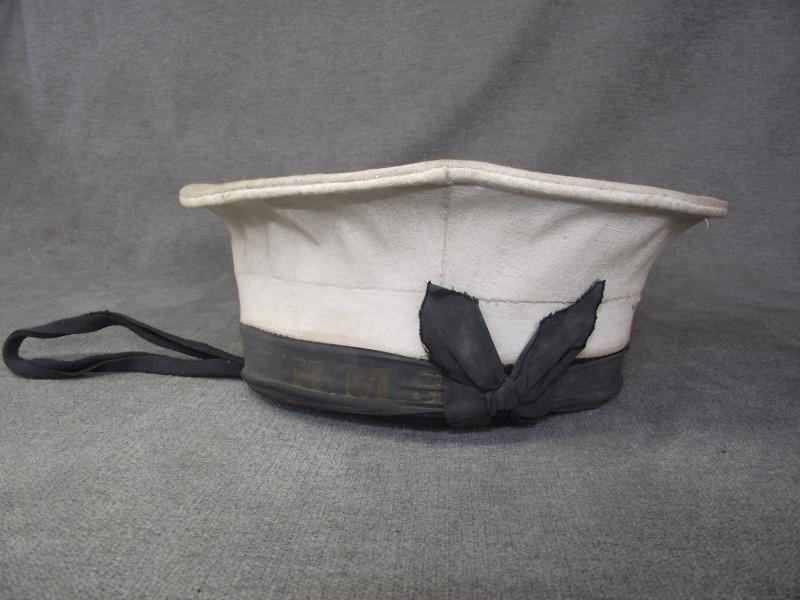 WW2 Royal Navy Ratings White Round Top Cap. HMS Tally.