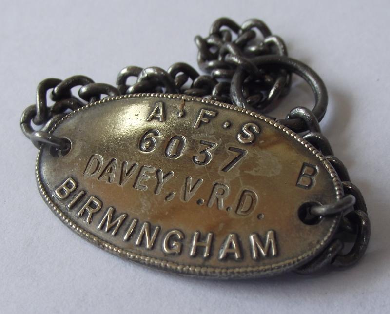 WW2 British Bracelet Dog Tag, AFS Birmingham.