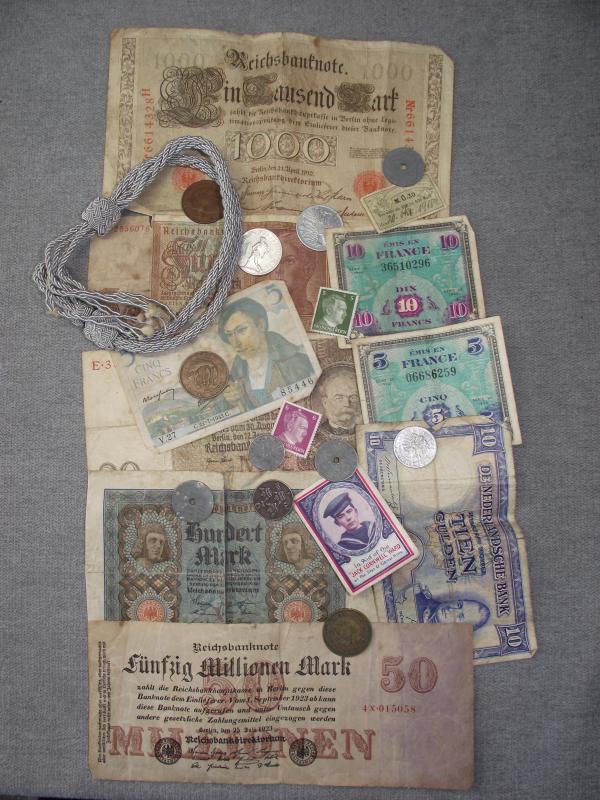 Selection of WW2 Money, Notes and Coins. Cardiff Royal Signals Veteran Bring-Back.