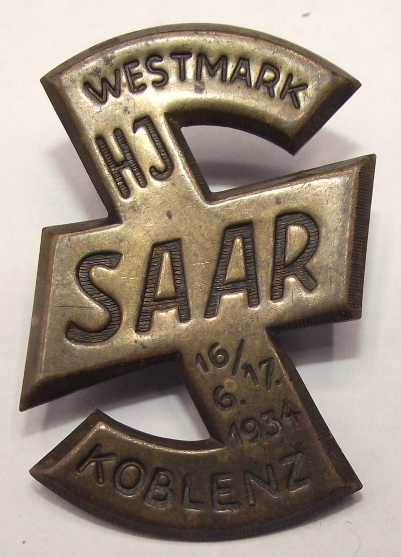 Hitler Youth Tinne/ Event Badge. HJ SAAR Koblenz, 1934.